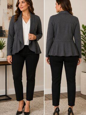Torrid Gray Open Front Peplum Blazer Size 00 (10/M) Knit Career Jacket
